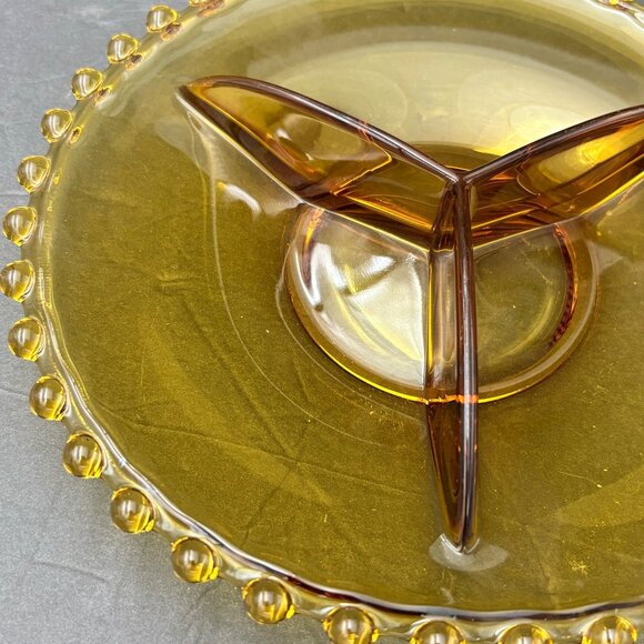 Vintage Amber Glass 3 Divided Serving Plate Dish Beaded Edge 70s 80s Art Deco - Picture 8 of 10